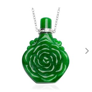 Green jade, sterling silver, & cz accents carved rose bottle necklace 18 Inch